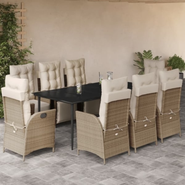 Matgrupp för trädgården med dynor 9 delar beige konstrotting