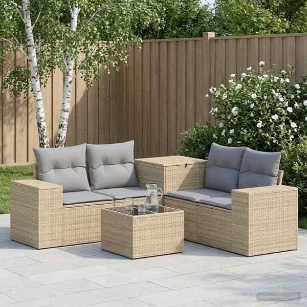 Soffset 6 st Beige och Ljusgrå Poly Rattan och stål