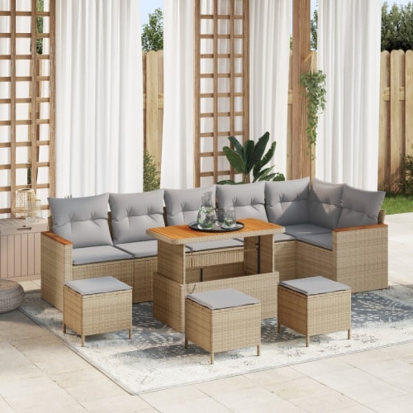 10-delat Trädgårdsofa Set med Kuddar Beige Polyrotting Akacia