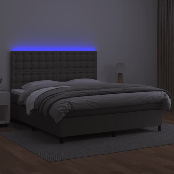 Ramsäng med madrass & LED grå 180x200 cm konstläder