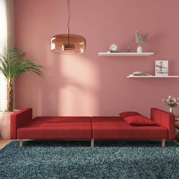 Bäddsoffa 2-sits med två kuddar vinröd tyg