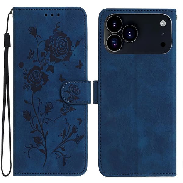 Rosmønster Læder Flip Cover til iPhone 17 Pro med Mørkegrå Riser[D] Dark blue Dark Blue