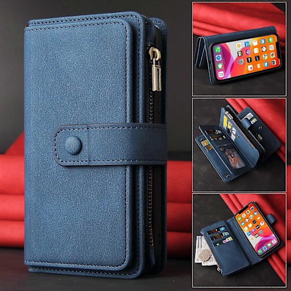Kompatibel med OPPO A93 5G/A74 5G/A54 5G PU Lær Magnetisk Lukking Femten Kortspor Glidelås Lommebok Telefonveske[D] Blue