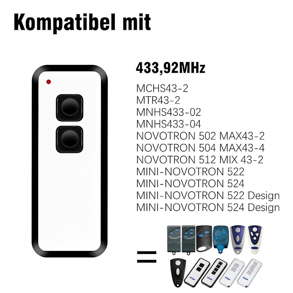 433,92 MHz Garagedörrfjärrkontroll, för NOVOTRON 502 MAX43-2, MINI-, Garagedörröppnare 2-pack