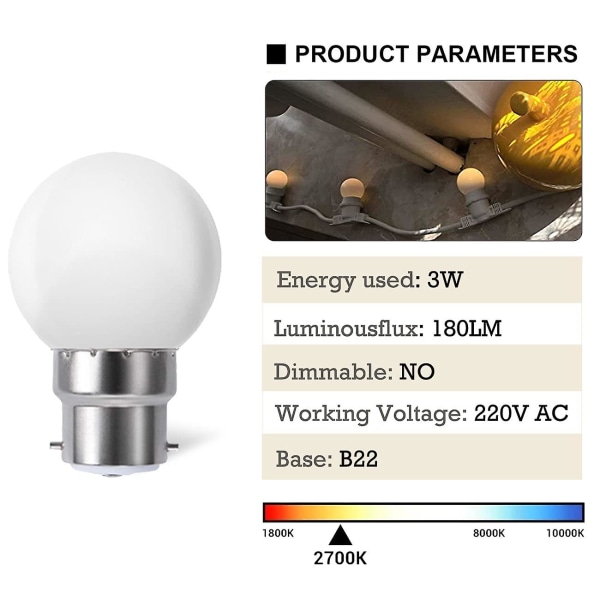 2024 Pack med 10 B22 G45 LED-glober, Varmvitt 3500k, 3w G45, 180lm, Matt Polykarbonathölje, Ej Dimbar [Energiklass G] [kk]