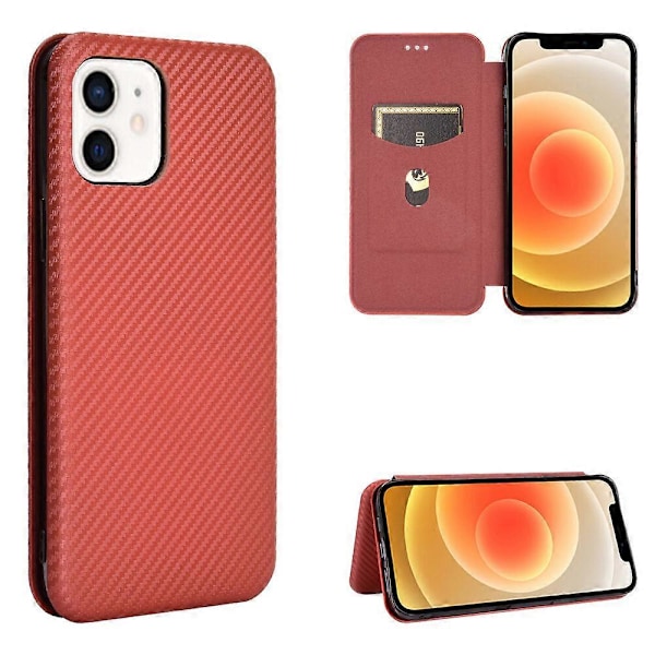 Kompatibel med iPhone 12 Karbonfiber Mønster Premium Flip-deksel med Kortholder Magnetisk Lukking[D] Brown