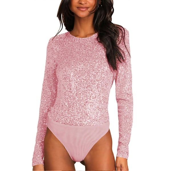 Dame Rund Hals Paillet Jumpsuit Rygløs Ensfarvet Langærmet Bodysuit Moderigtig Jumpsuit Pink L