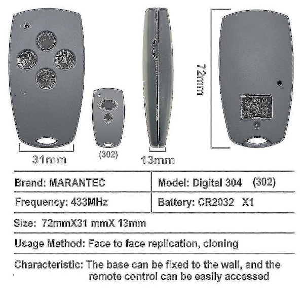 Marantec Digital 302 304 313 382 384 D323 211 212 214 224 Garagedörrs fjärrkontroll 433mhz Handhållen sändare 2 Buttons x1