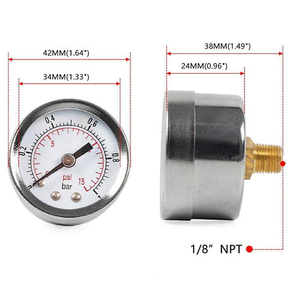 0-1Bar Metallbränsletrycksmätare och skiftnyckeladapter Kit Center Back Mount [kk]