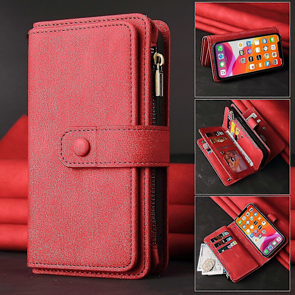 WXH Kompatibel med Samsung Galaxy A52 5G/A52S PU-läder Magnetiskt Stängning Femton Kortplatser Dragkedja Ficktelefonfodral Red