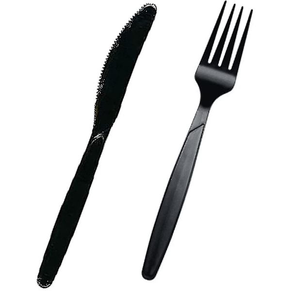 200 stk. Premium Sort Plastikbestik | 100 Gaffler + 100 Knive | Genanvendeligt Robust Plastikbestik til Fester, Hverdagsbrug