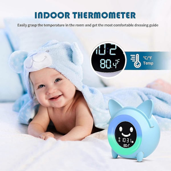Vækkeur til børn, søvntræner til børn, vækkeur til soveværelset sødt digitalt ur med temperatur, 5 farver smart natlys ur Te[D]