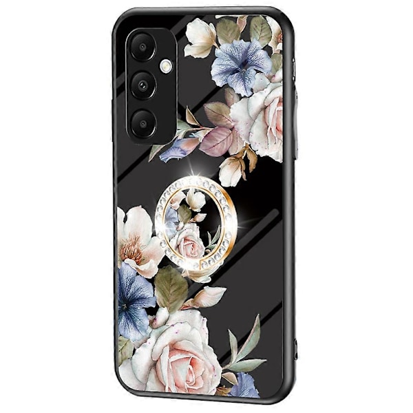 För Samsung Galaxy A35 5G Härdat Glas Skal Ring Ställ Mobilskal [D] Multicolor Black Flower Bush
