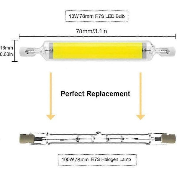 2-pakkauksen 10W 78mm R7S LED-lamput himmennettävät kylmävalkoiset 6000-6500K 100W halogeeni J78 -korvaavat, kaksisuuntaiset R7S-kantaiset putket, 360 asteen säteilykulma, energiansäästö