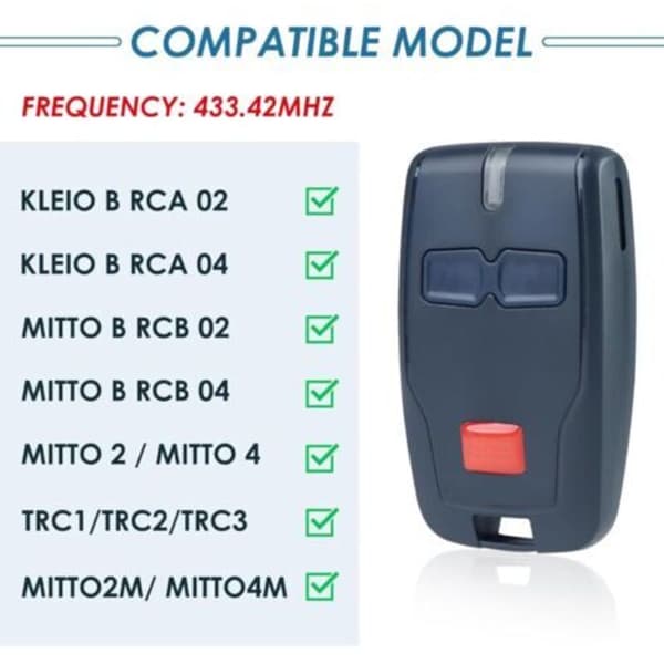 433 MHz garasjeportfjernkontroll for BFT Mitto 2 B RCB Rolling, BFT Mitto 2, Kleio Ghibli og TRC 2. Erstatningsfjernkontroll for garasjeport (D)