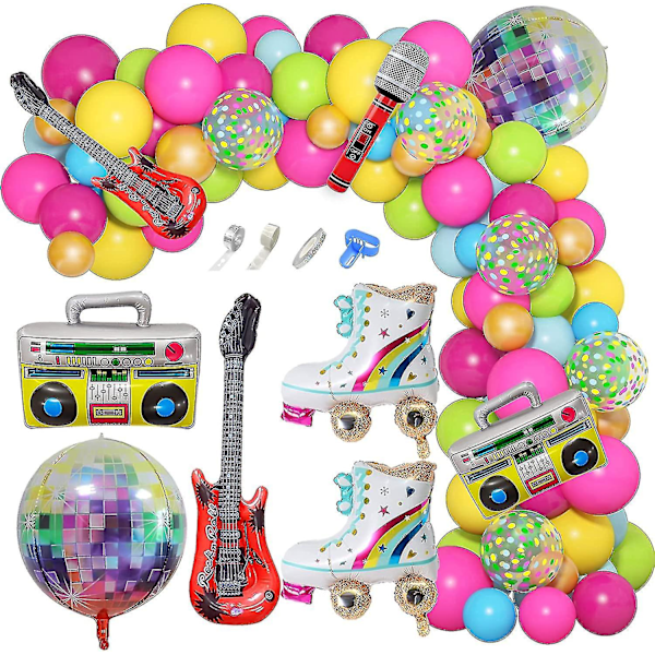 90-tals 80-tals Temafest Dekorationer, 90 st Ballongbåge Kit 6 st Uppblåsbara Retro Discokula Mikrofon Regnbåge Rullskridsko Boombox Gitarr Ballong För B
