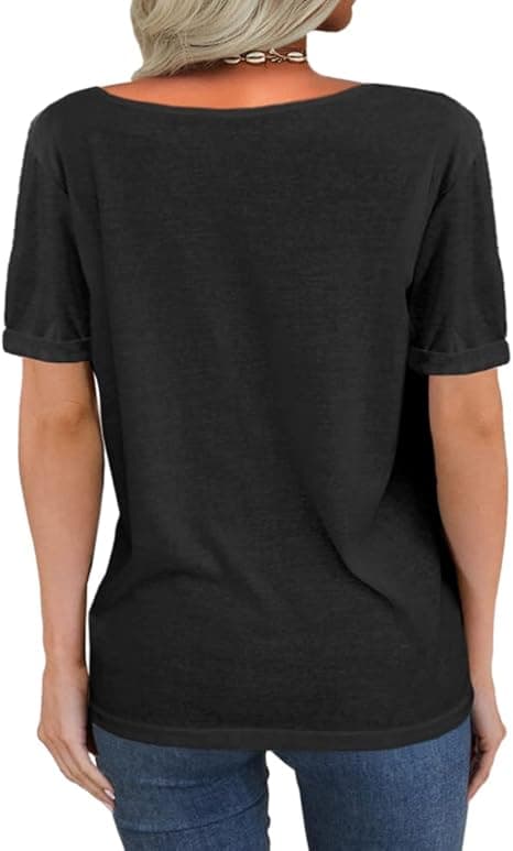 Dammode Djup V-ringad Kortärmad Topp Casual Lös T-shirt (Grå, L) (D)
