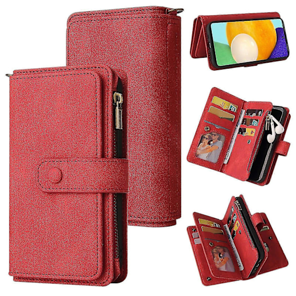WXH Kompatibel med Samsung Galaxy A52 5G/A52S PU-läder Magnetiskt Stängning Femton Kortplatser Dragkedja Ficktelefonfodral Red