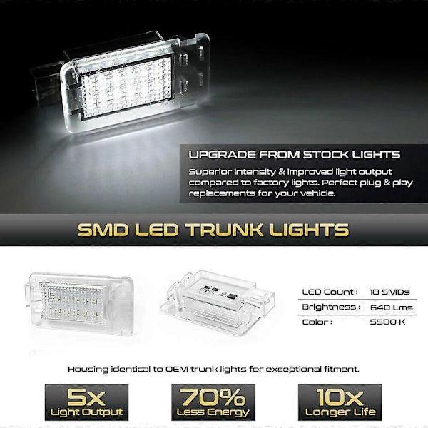 2 stk 18-SMD LED Bagasjerom Lys Bagasjeromslys For Volvo S60 XC90 V70 V50 S40 S80 C30 XC70 C70 White