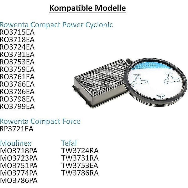 2x Hepa-imuripölynimurien suodatinsetti Rowenta Compact Power Cyclonic -imureille, kuten Ro3731ea, Ro3724ea, Ro3753ea, Ro3786ea, Ro3798ea, Ro3