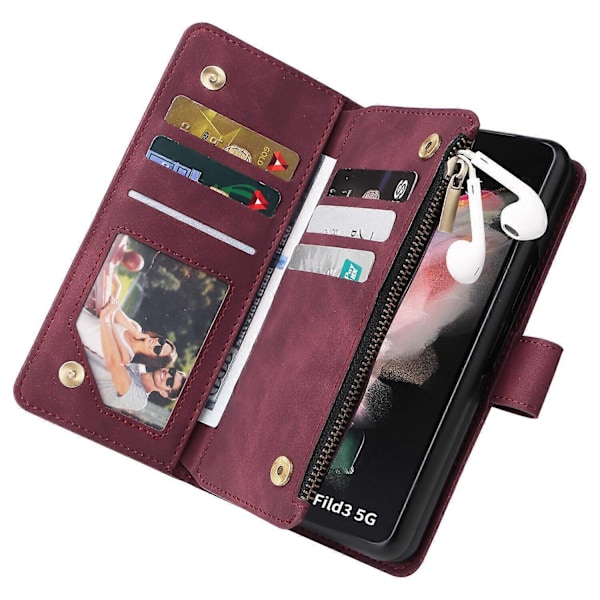 Fodral för Samsung Galaxy Z FOLD 3 5G Läder Magnetisk Handväska Dragkedja Fickficka Armband Kompatibel med Samsung Galaxy Z FOLD 3 5G Fodral