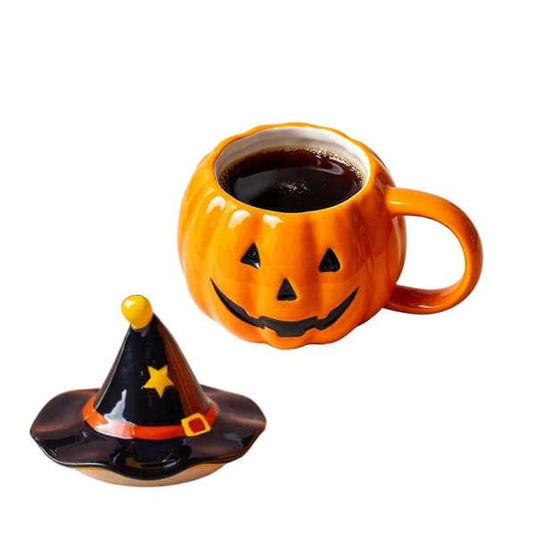Gresskarformet keramisk krus med heksehatt-lokk Halloween-tema drikkekopp gave til venner (D)