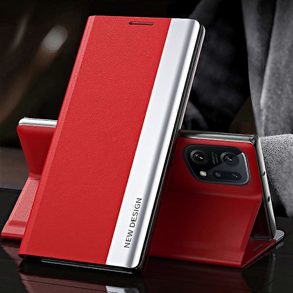 Electropläterat PU-läderfodral med stativ och magnetisk absorption för Oppo Find X5 Pro Red