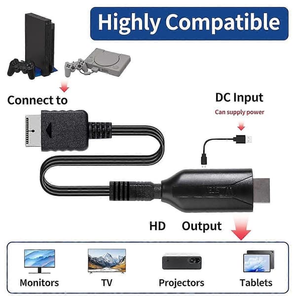 PS1/PS2 till -Kompatibel Adapterkabel för Spelkonsoler, Stöder 720P/1080P HD-utgång, Kompakt Des[D] Black