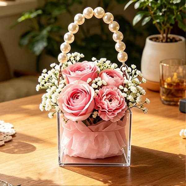 Klar akryl blomsterpikekurv med perlehåndtak, bryllupsutstillingsboks (D)