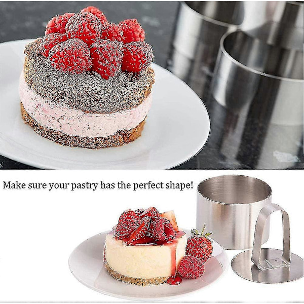 8 stk. kage ringe i rustfrit stål, cirkel kage mousse form til dessertfremstilling, mousse ringe med trykker sæt med 8 (rund), sølv[D]