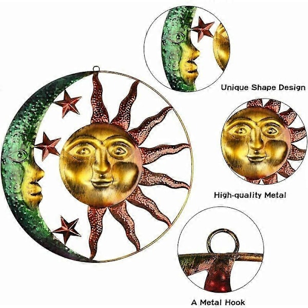 Suuri metallinen aurinko, metallinen seinätaide, aurinko ja kuu, metallinen seinäkoriste, aurinko ja kuu, metallinen seinätaide ulkokäyttöön kotiin, puutarhaan, patiolle, kuistille, aita koristeeksi, vihreä A(