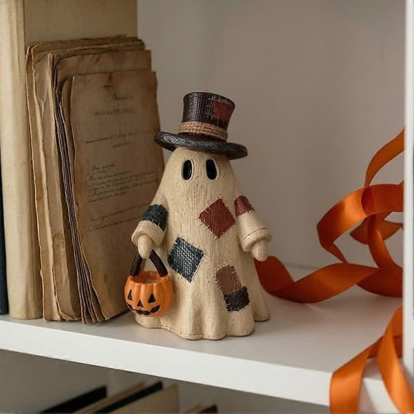 Opplyst lappet spøkelsesfigur med gresskarlykt Halloween bordlampepynt (D) B