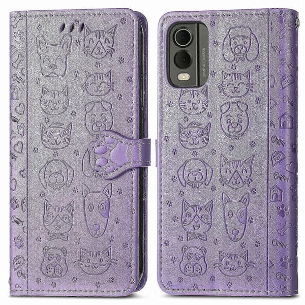 Læder telefoncover med katte- og hunde-prægning til Nokia C32 [D]