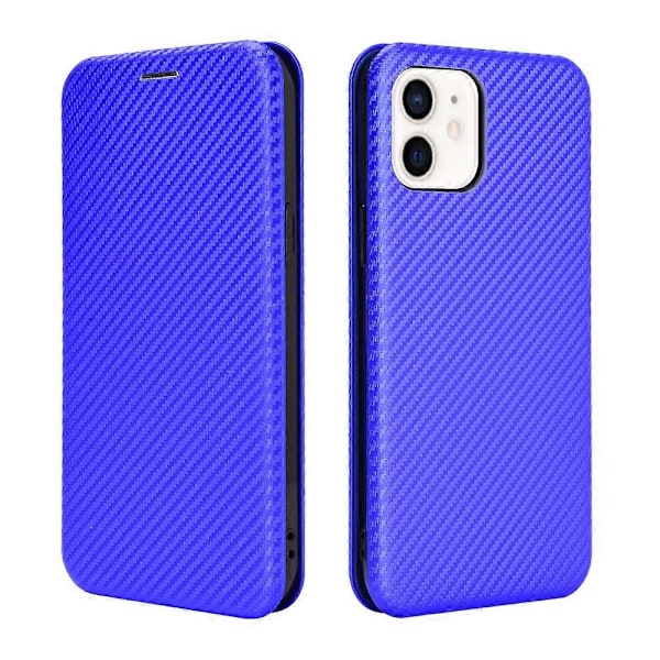 Kompatibel med iPhone 12 Karbonfiber Mønster Premium Flip-deksel med Kortholder Magnetisk Lukking[D] Blue