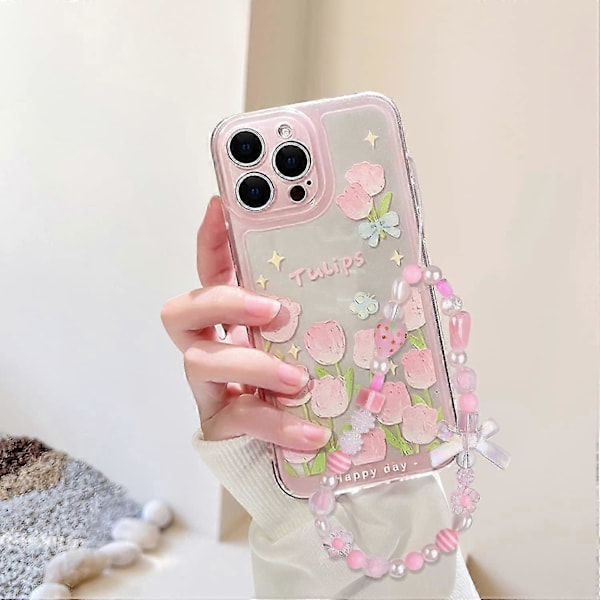 Yhteensopiva iPhone 7 -kotelon, iPhone 8 -kotelon, iPhone SE 2020/SE 2022 -kotelon kanssa, kukka- ja tulppaanikuvio, söpö rusetti, mansikkahelminauha, ohut Sof[D] iPhone 13 Pro Max-6.7 inch