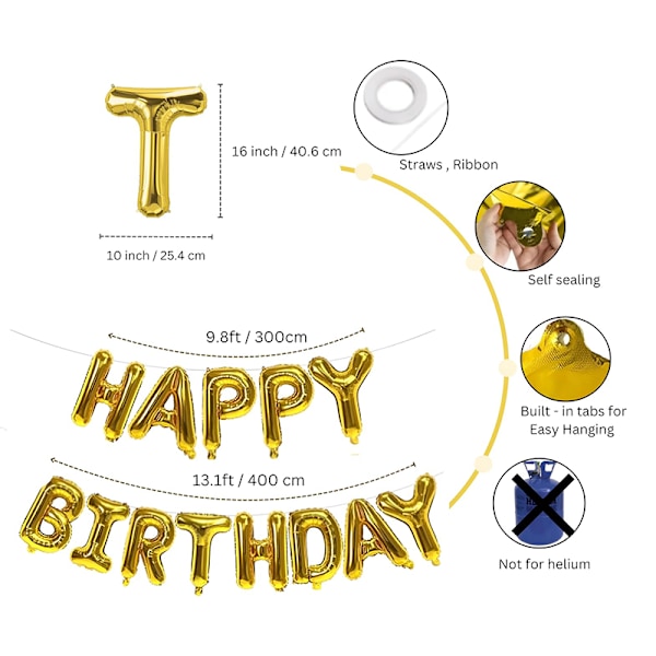 Gyllene Grattis På Födelsedagen Ballonger Banner, 16-Tums Återanvändbara Folie Mylar Bunting Bokstäver, Festdekorationer För Pojkar, Flickor, Vuxna, Kvinnor Och Män