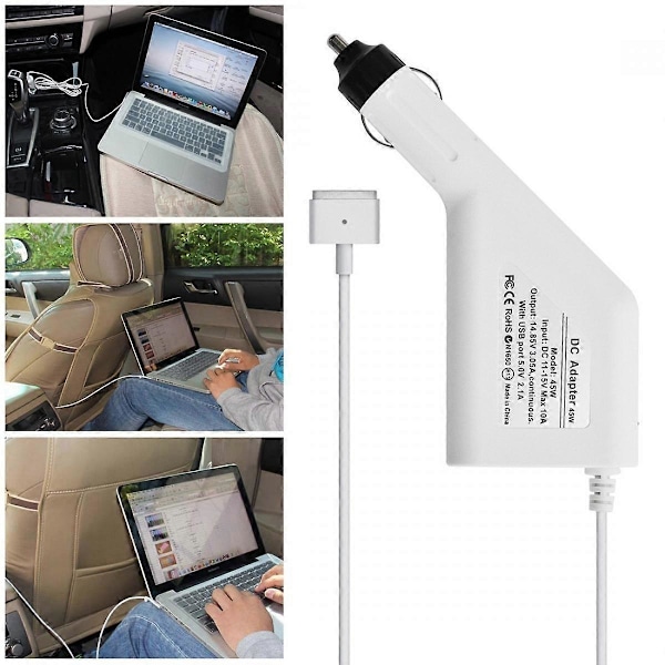 45W 14.85V 3.0 5-polig T-formad MagSafe 2 Bil Laddare med 1 USB-port för Apple Macbook A1466 / A1436 / A1465 / A1435 / MD224 / MD231 / MD761 / MD711, Le