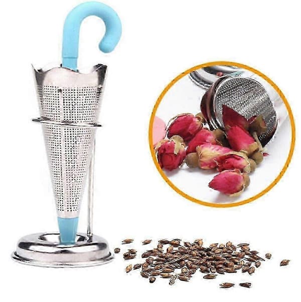 Paraply Te-infuser med dryppebrett - Rustfritt stålnettsil med silikonlokk [D] Blue