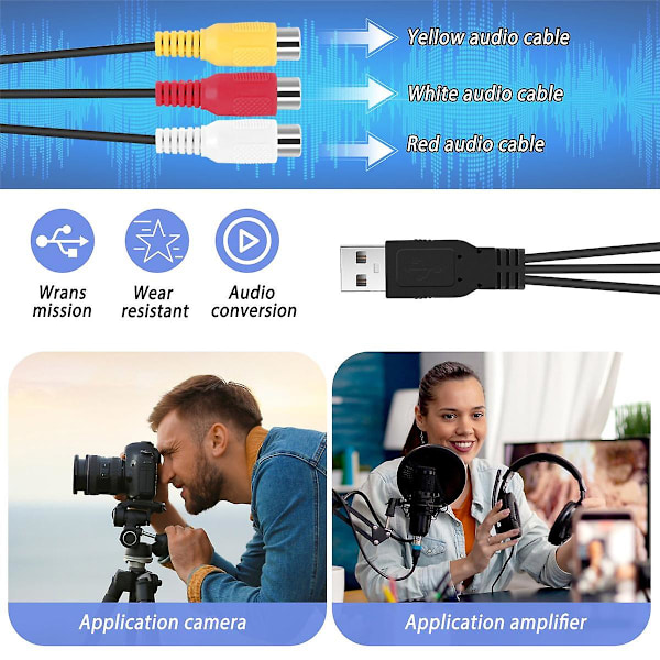 USB till 3RCA-kabel USB-hona till 3 RCA RGB Video AV Kompositadapter Konverteringskabel Sladdkontakt