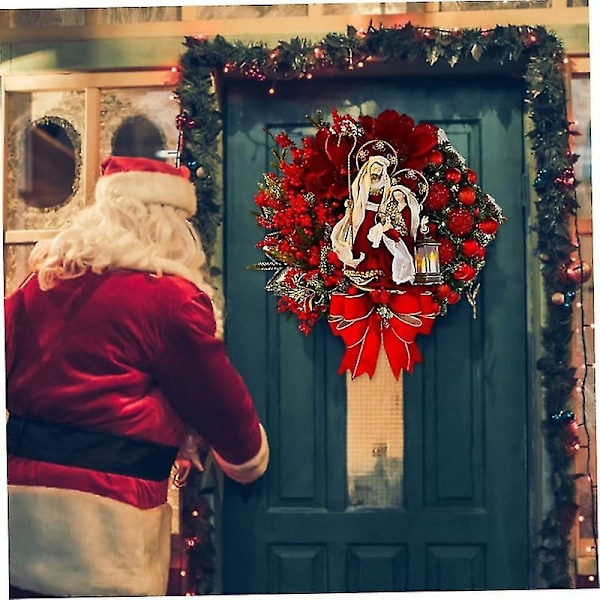 Lysende Julekrans med Nativitetsscene, Julepynt, Hellig Julekransdekorasjon C