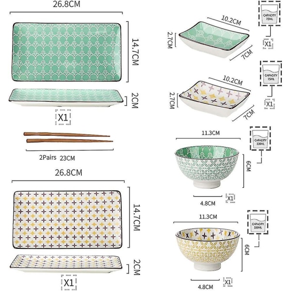 Porslin Sushi Platta Set för 2. Japansk Stil Keramisk Svart Vit 6 Delar [kk]