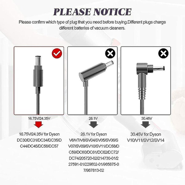 16.75V/24.35V Oplader Kompatibel med Dy&son DC30 DC31 DC34 DC35 DC44 DC45 DC56 DC57 Støvsuger Batteri