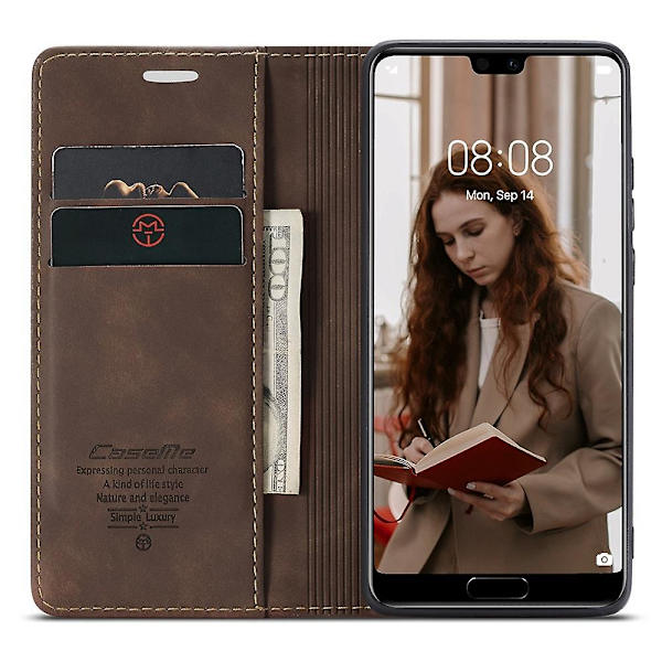 För Huawei P20 Pro Caseme 013-serien Enkelt Plug-in-kortversion Bekvämt Läderfodral Brun