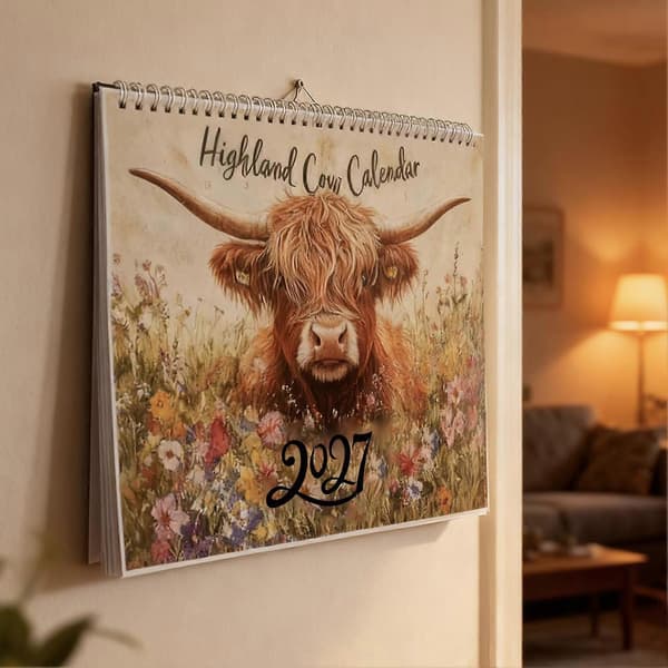 2027 Highland Cattle Mønster Årskalender Gårdsplanlegger for Hjemmekontorstudie (D)