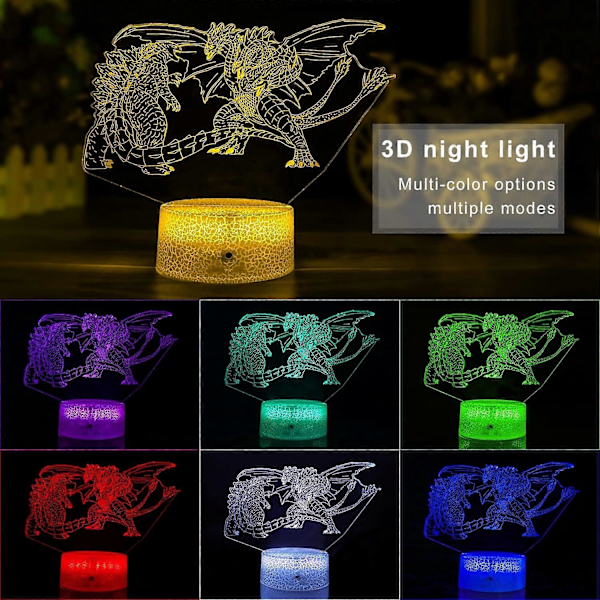 Godzilla vs Trehovet Dragerkonge Ghidorah 3D Natlampe, 16 Farveskiftende Dæmpbar Børnenatlampe, med Berøring og Fjernbetjening. Godzilla Legetøj LED Li
