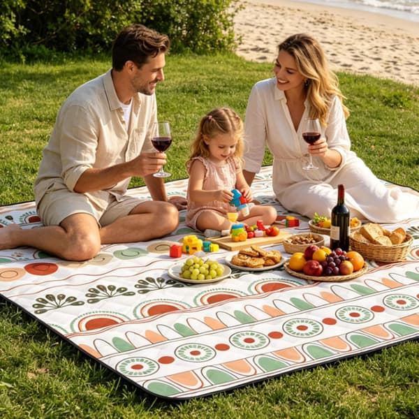 Vanntett, sammenleggbart, sandbestandig piknikteppe, 200 x 200 cm - trelags parkteppe. (D)