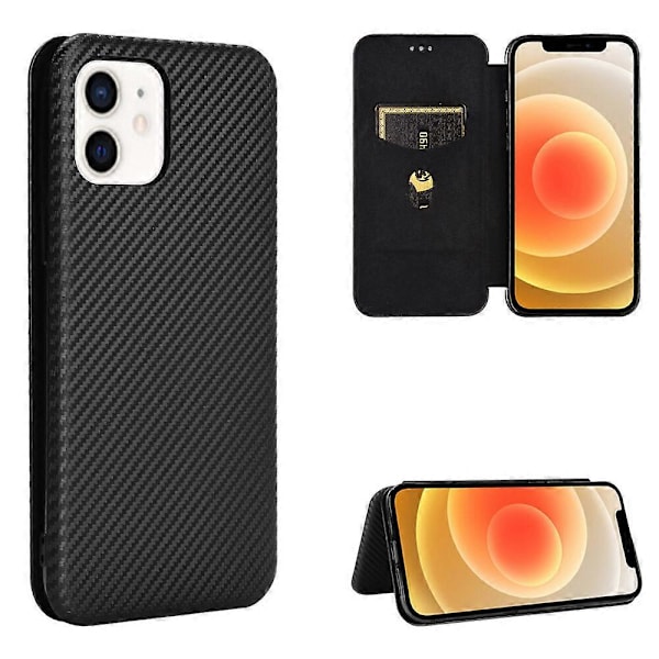 Kompatibel med iPhone 12 Kolfibermönster Premium Flipfodral med Korthållare Magnetisk Stängning[D] Black