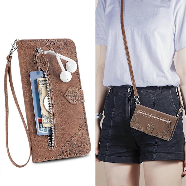 Fodral för Samsung Galaxy A33 5G Plånboksfodral med dragkedja Snodd Crossbody Halsrem -[D] Brown