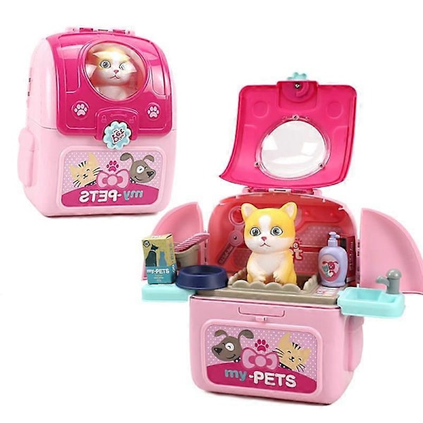 Pet Care Lekesett for Leken - Tegneseriehund, Katt, Ryggsekk, Dyrelege, Veterinær, Interaktivt Leker for Barn, Utdannende Leke Pink