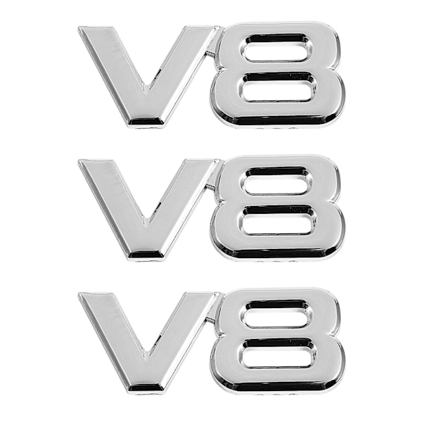 3x 3D Sølv Auto Motor V8 Bil Bak Emblem Dekal Badge Klistremerke 7,5x3,5cm